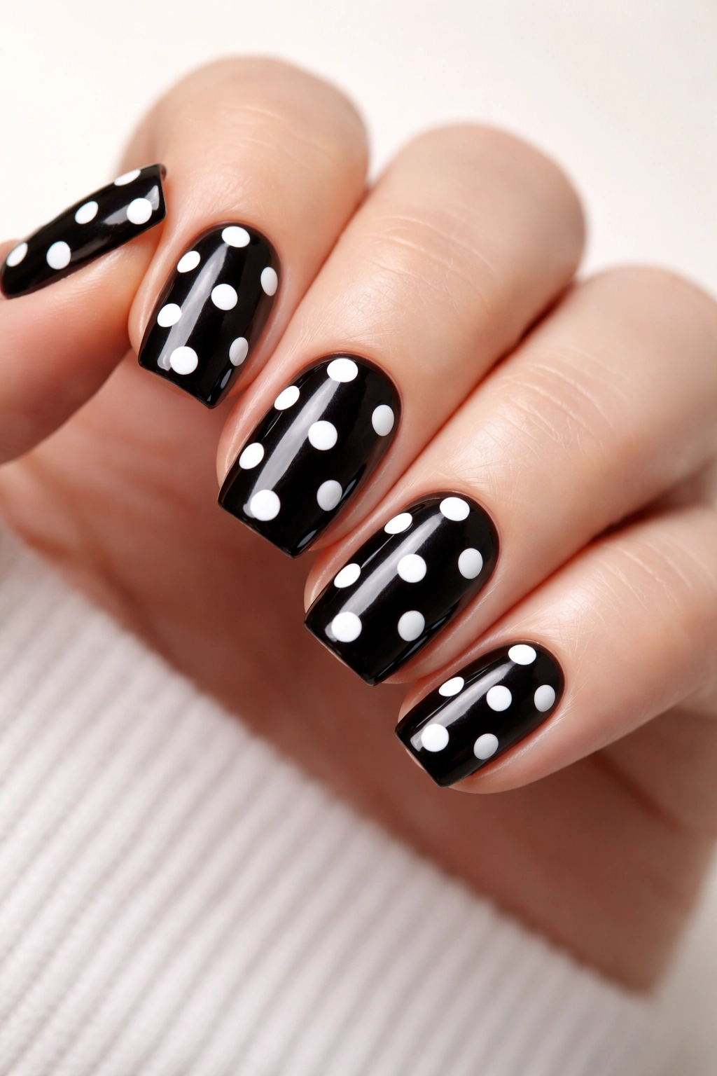 Close-up of a hand with classic polka dot nails on black base