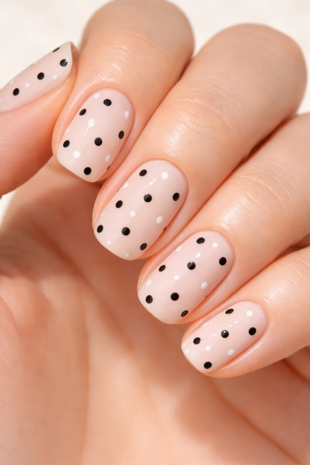Close-up of nails with polka dot design on base color