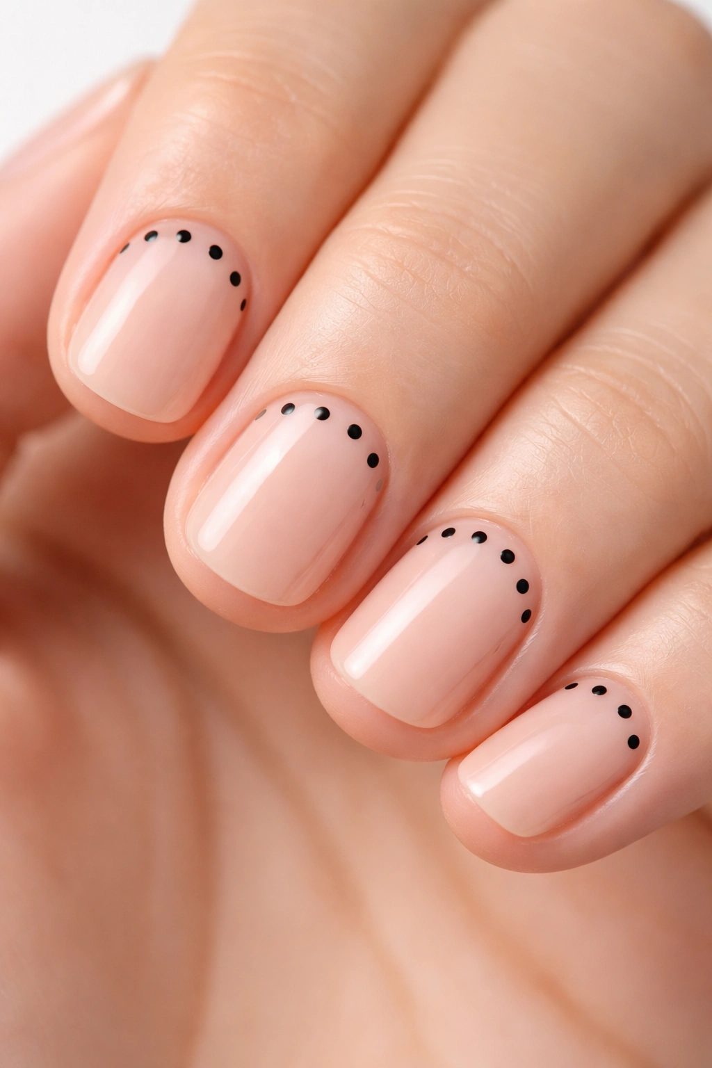 Nude base nails with tiny black polka dots near cuticle