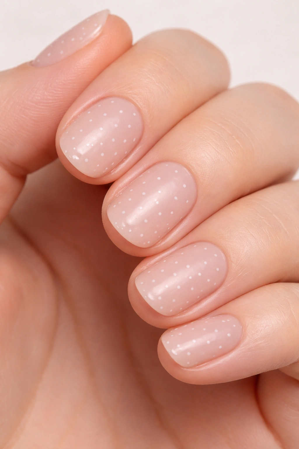 Close-up of nude nails with barely there polka dots