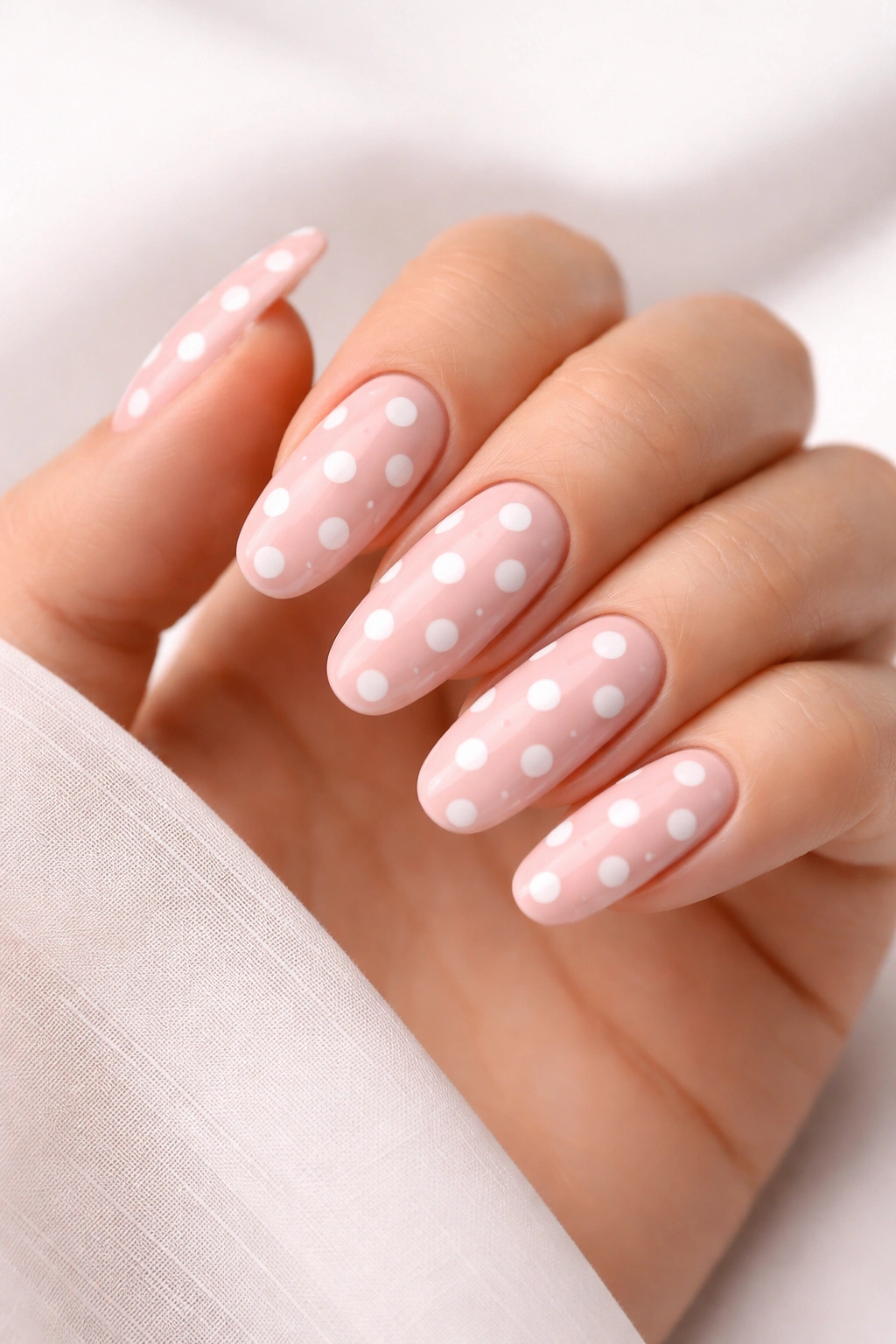 Close-up of long round nails with pink base and white polka dots