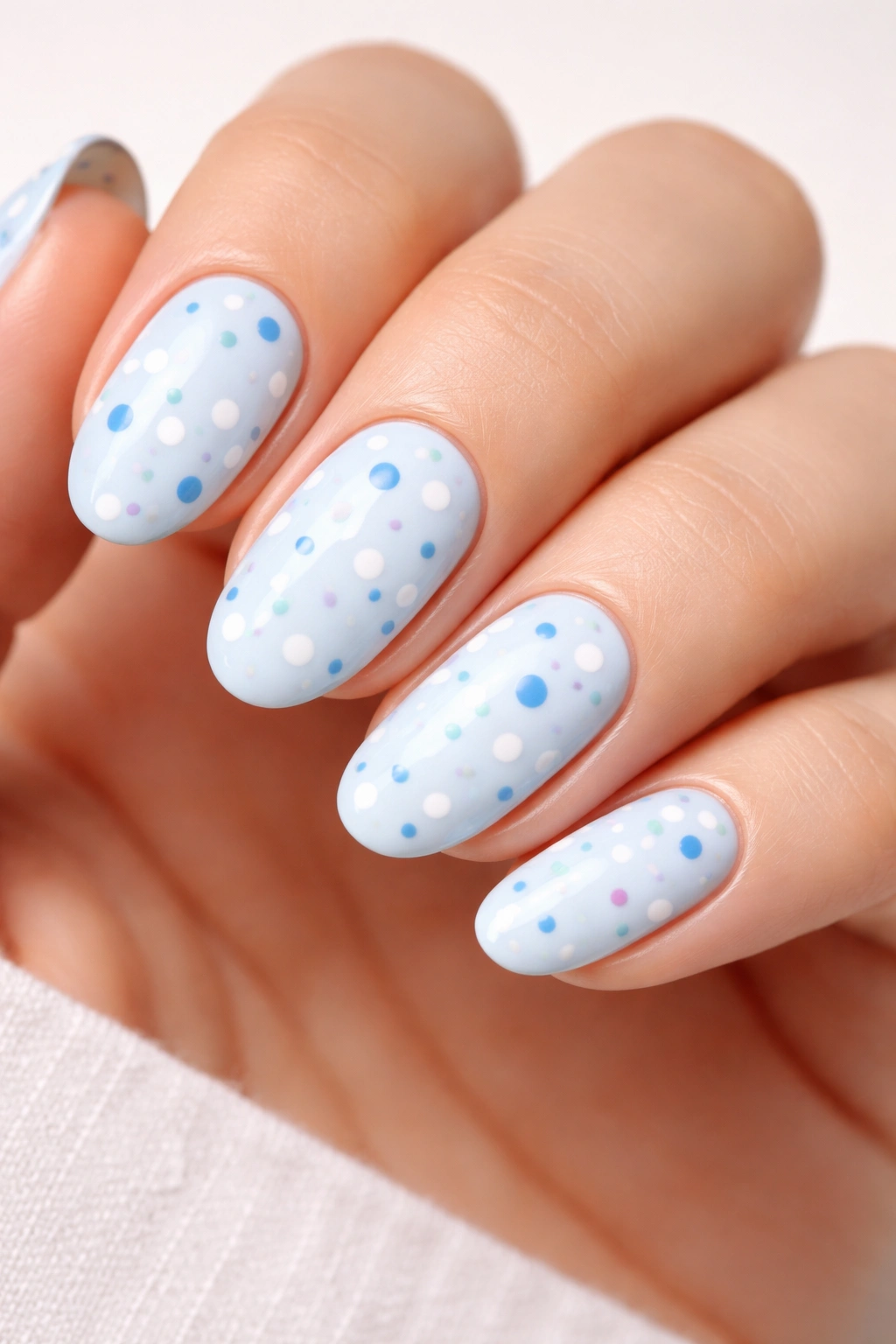 Close-up of nails painted pale blue with playful polka dots in white and dark blue