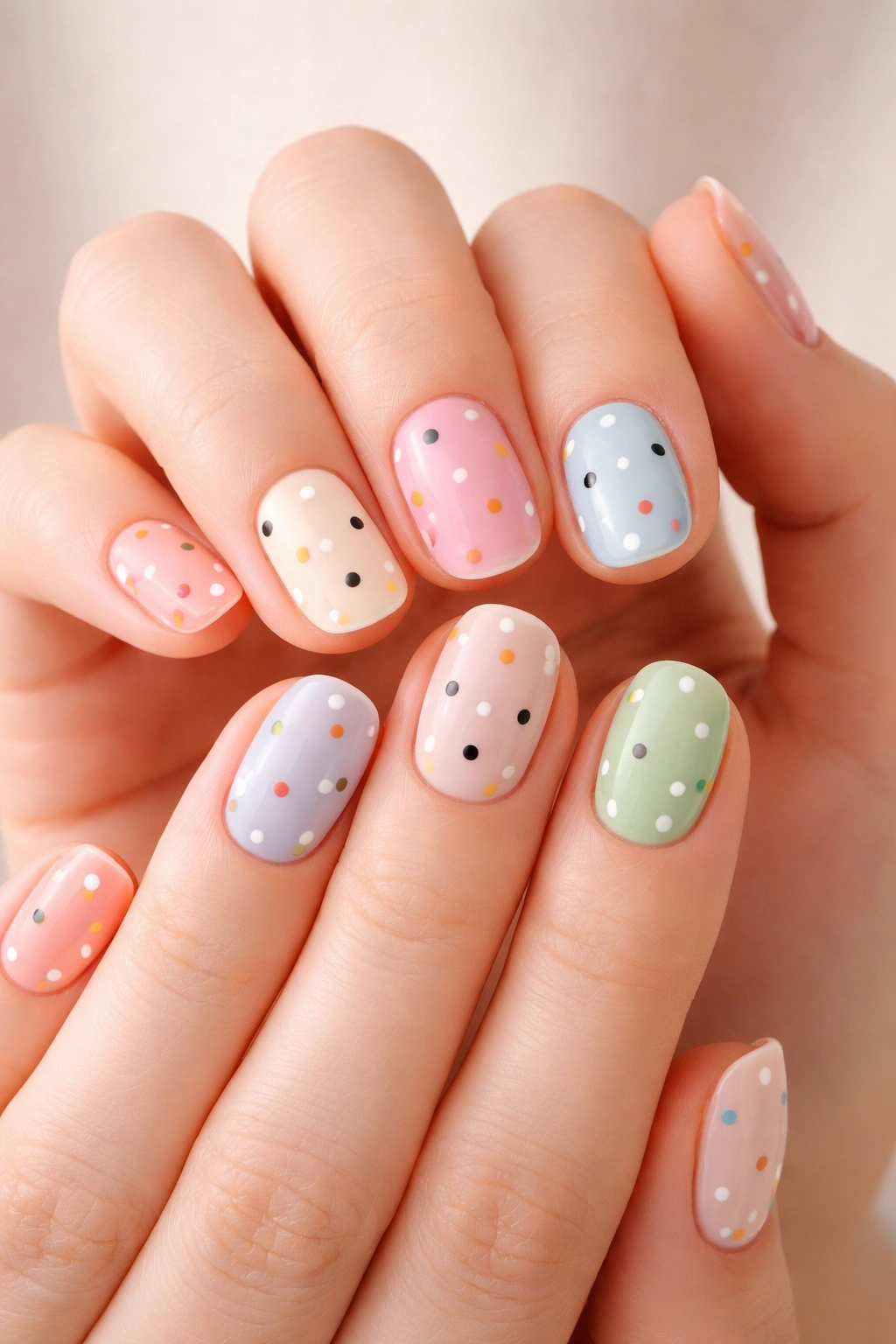 Close-up of hands with a simple polka dot manicure