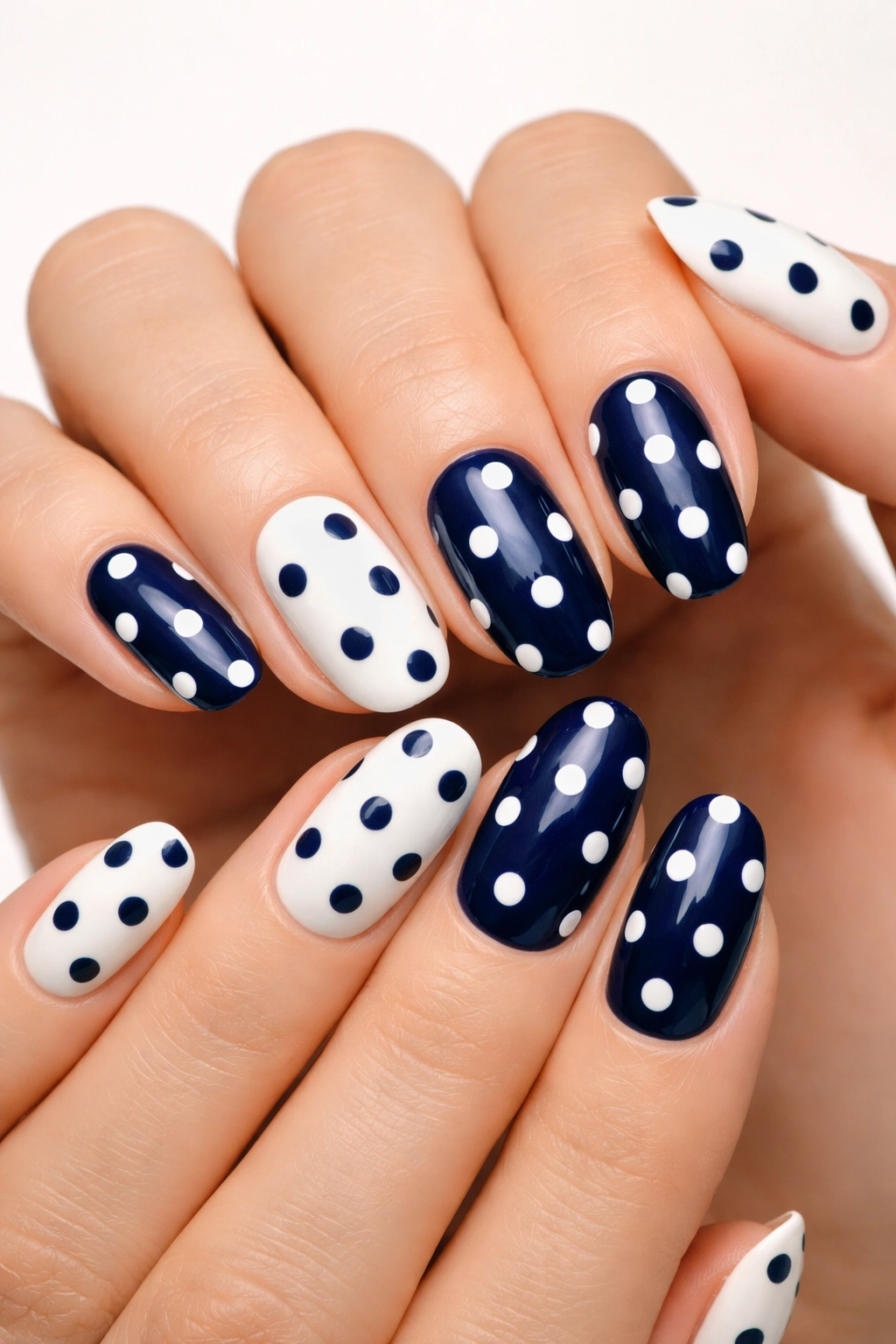 Close-up of hands with navy and white inverted polka dot nails