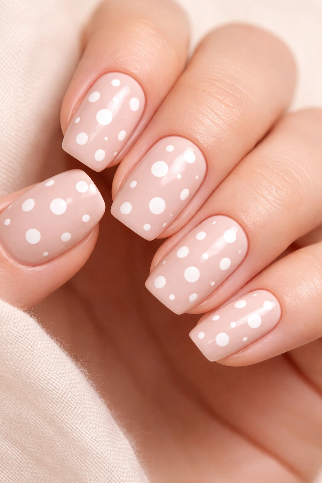 Close-up of nails with polka dot manicure featuring varied dot sizes