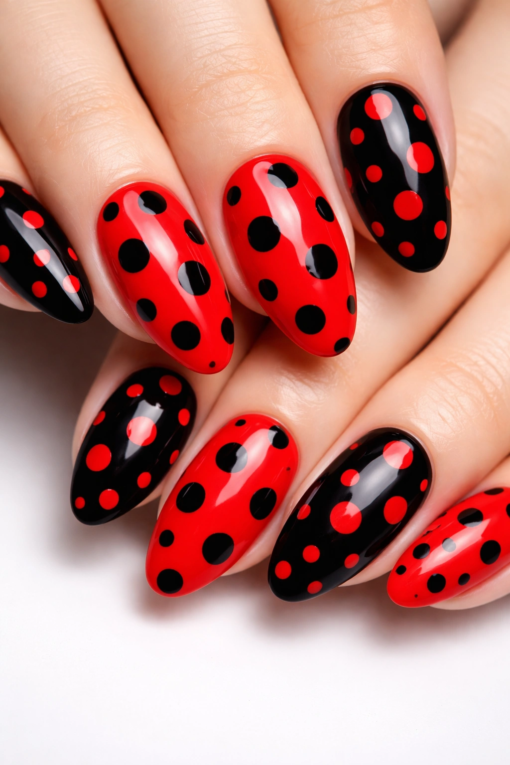 Close-up of nails with red and black polka dots