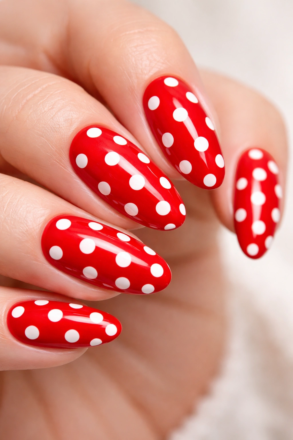 Nails with red base and white polka dot pattern.