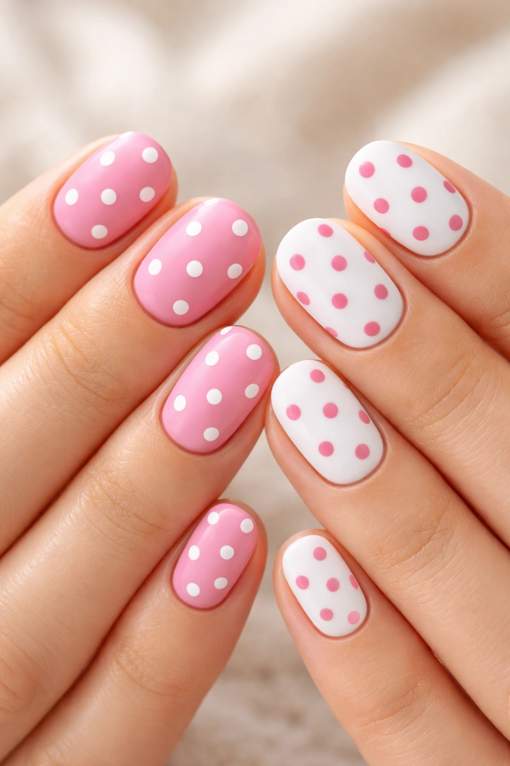 Close-up of two hands with short nails featuring swapped-color polka dot designs.