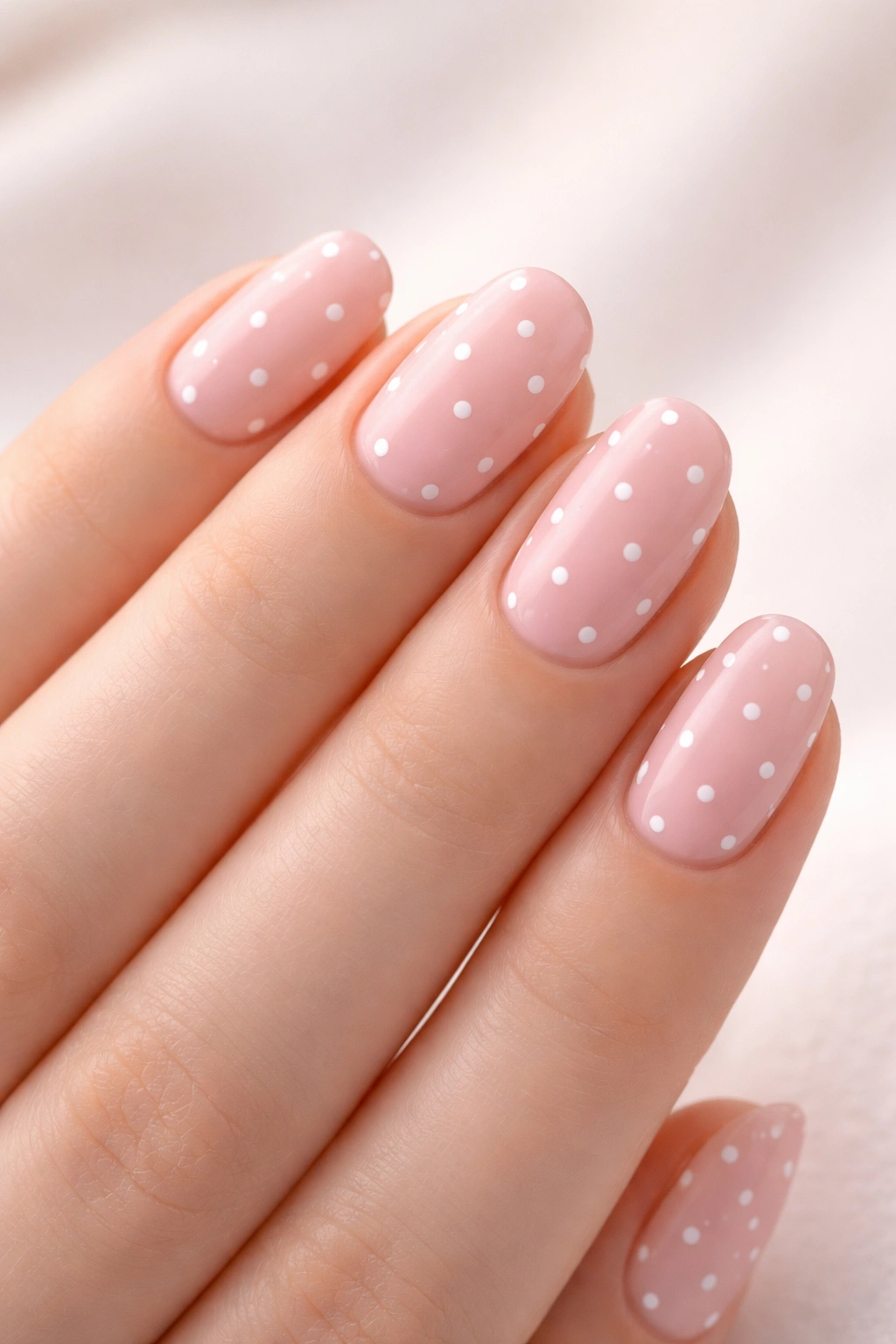 Soft pink nails with white polka dots.