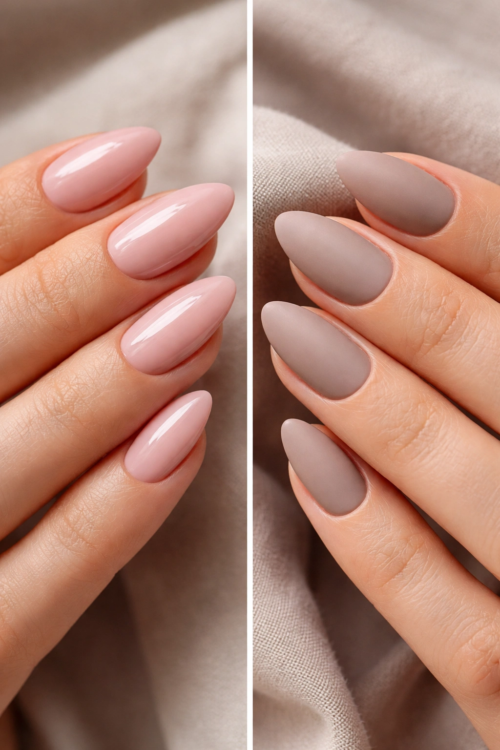 Close-up of short almond polygel nails with glossy and matte finishes on different nails