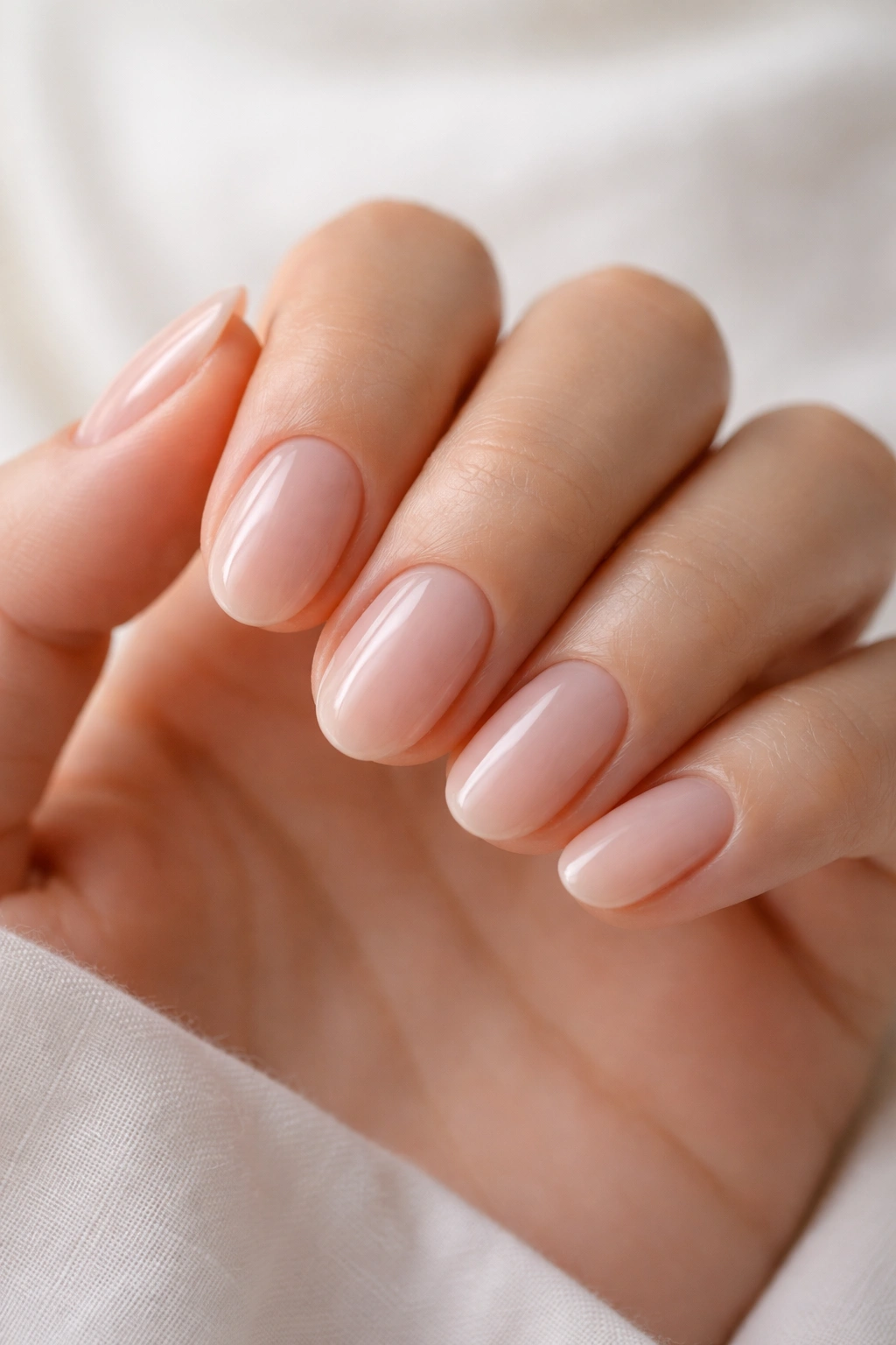 Close-up of lightweight-looking short oval polygel nails with sheer gloss