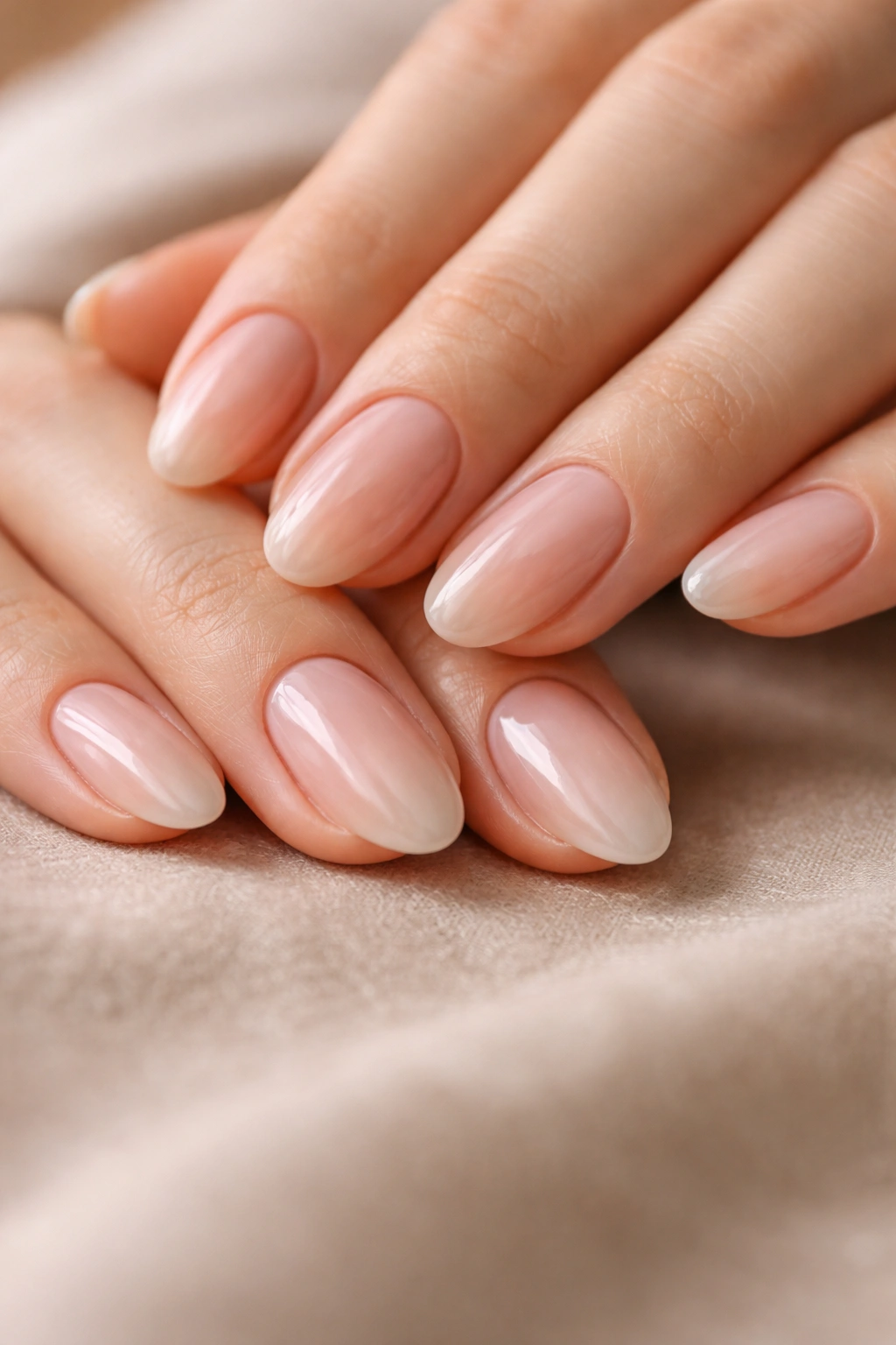 Close-up of short almond polygel nails with pristine cuticles and a smooth base layer