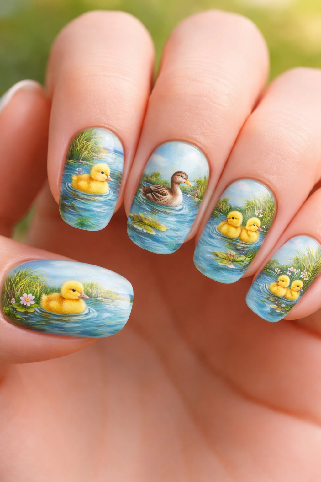 Nails forming a pond scene with water, grass, ducks, and lily pads