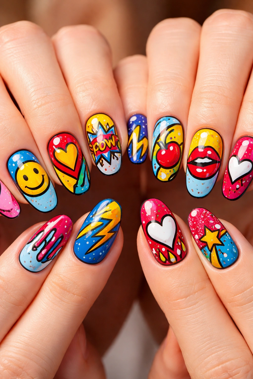 Close-up of pop art nails with bold outlines and dot textures in primary colors