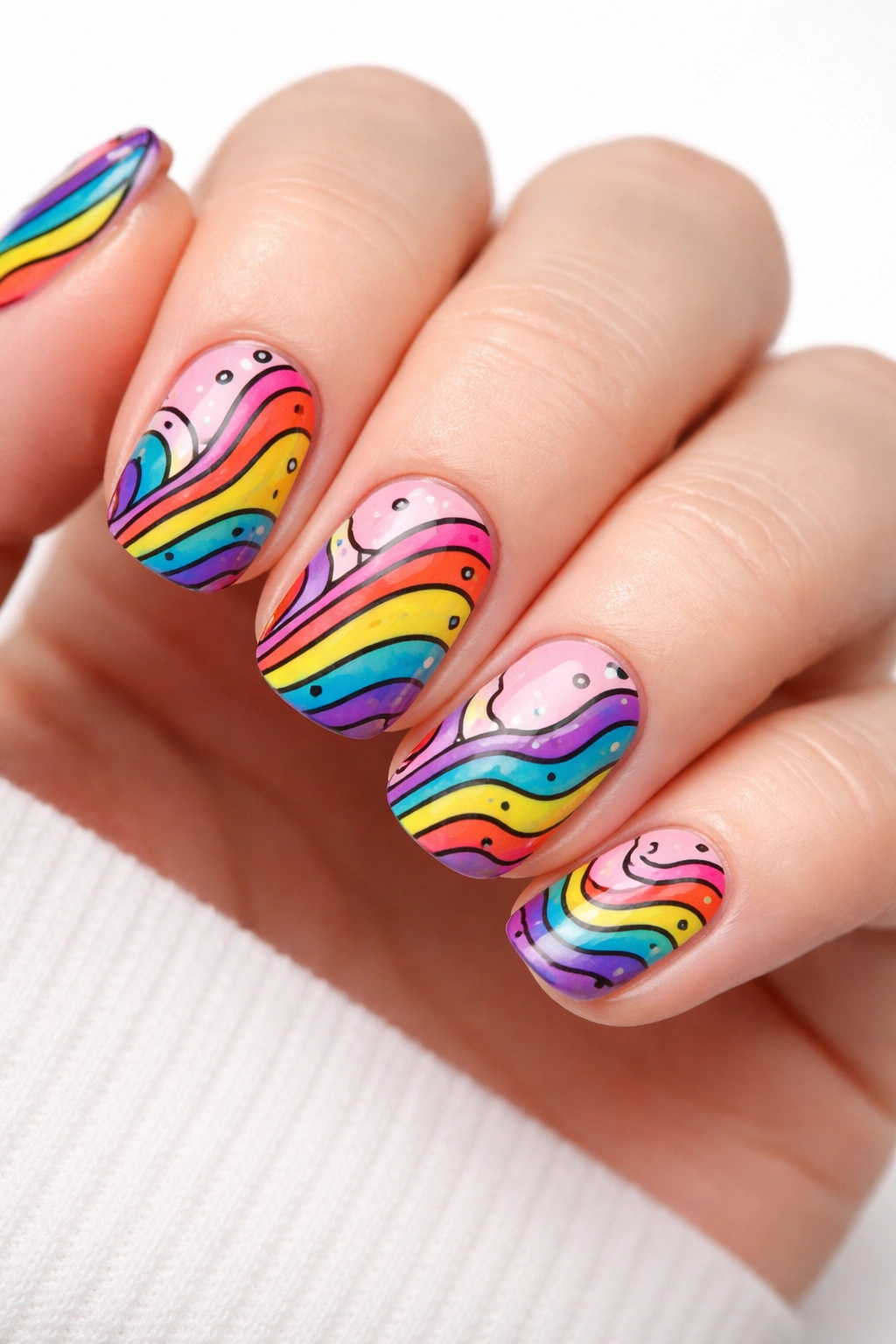 Close-up of nude-based nails with rainbow pop art waves and cartoon accents