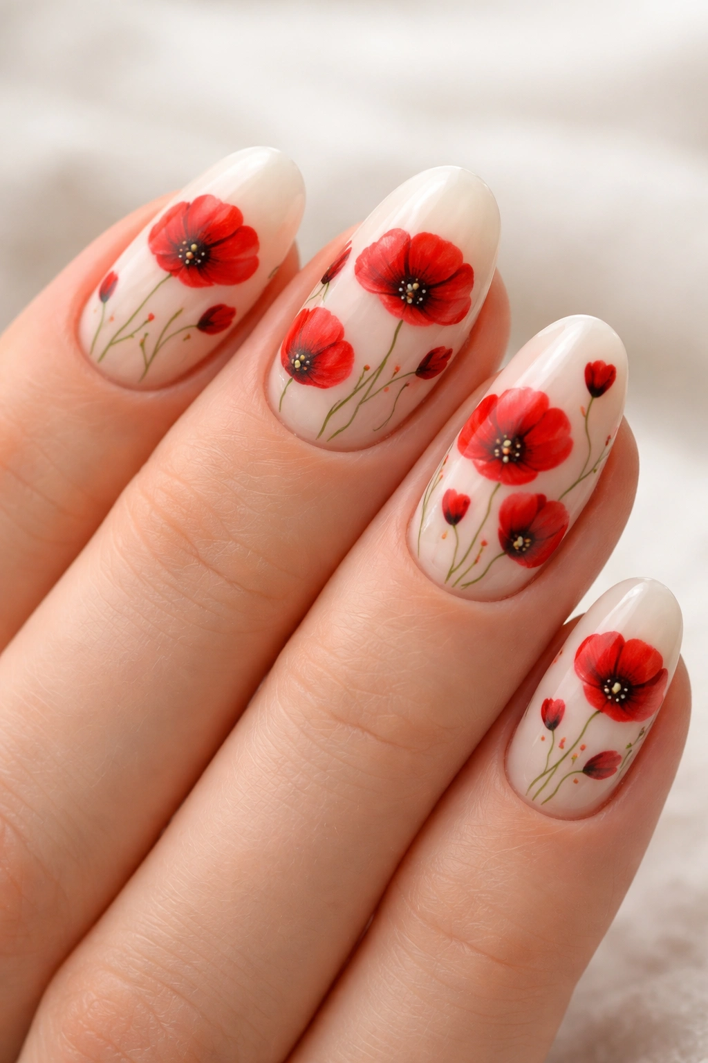 Close-up of short almond nails with a milky base and cherry red poppies design.