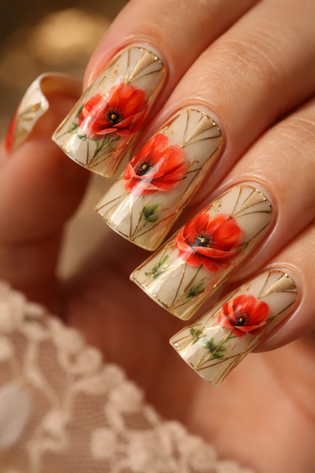 Duck nails with red poppies and gold Art Deco geometric accents