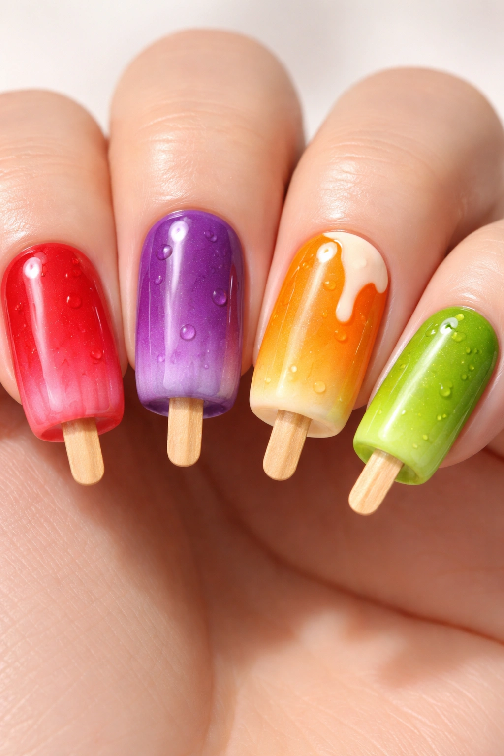 Close-up of nails with bright popsicle designs and wooden sticks