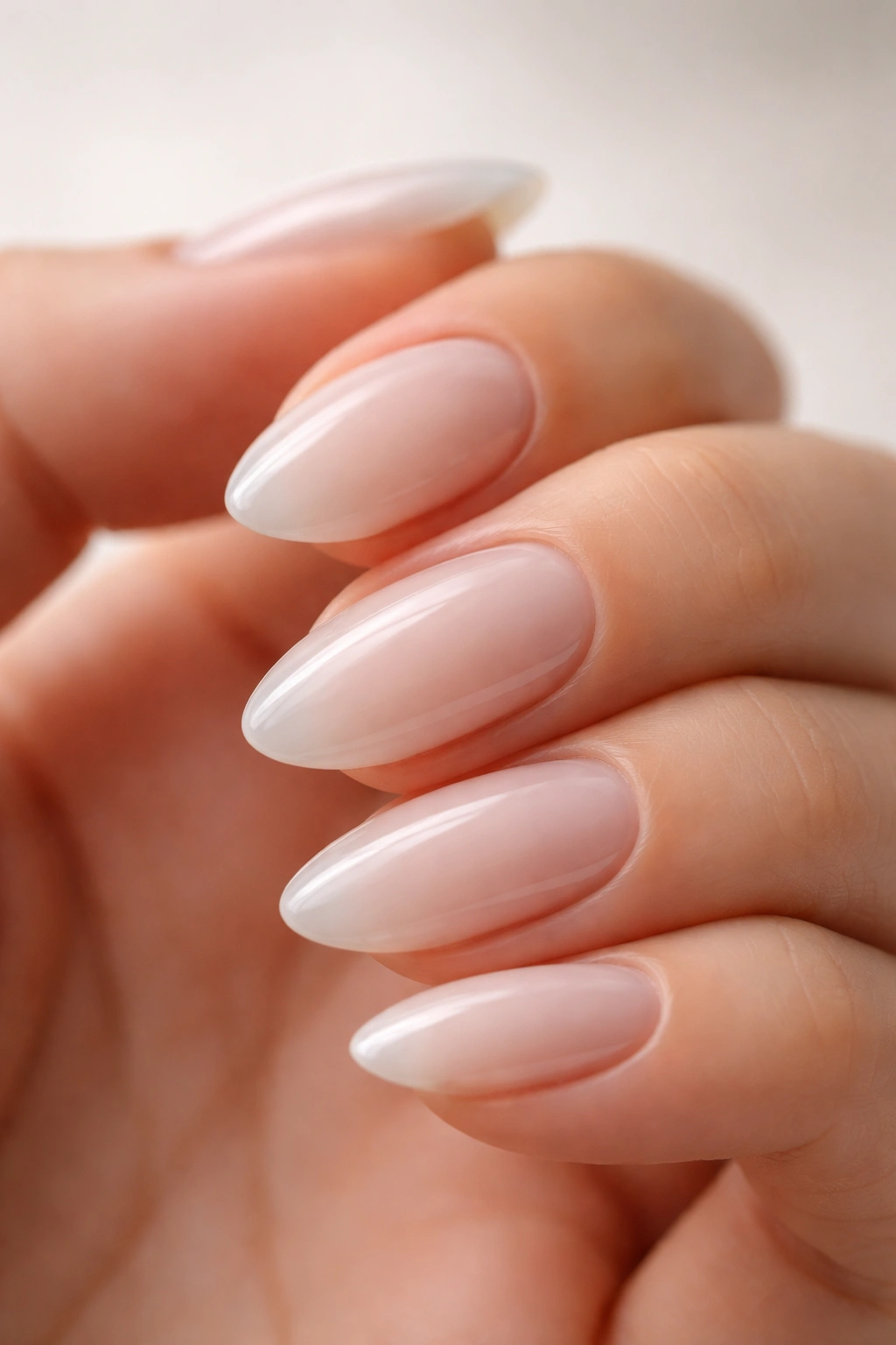 Close-up of sheer porcelain almond nails with a cool off-white tint