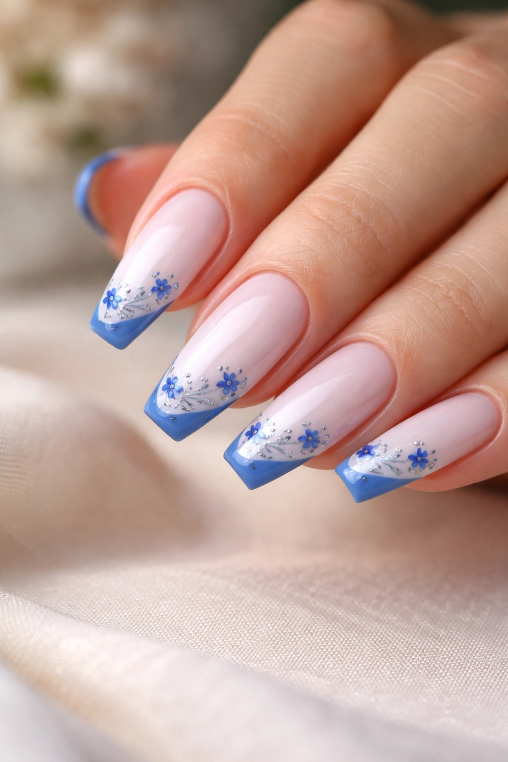 Close-up of porcelain blue floral French tips on ballerina nails with cobalt petals