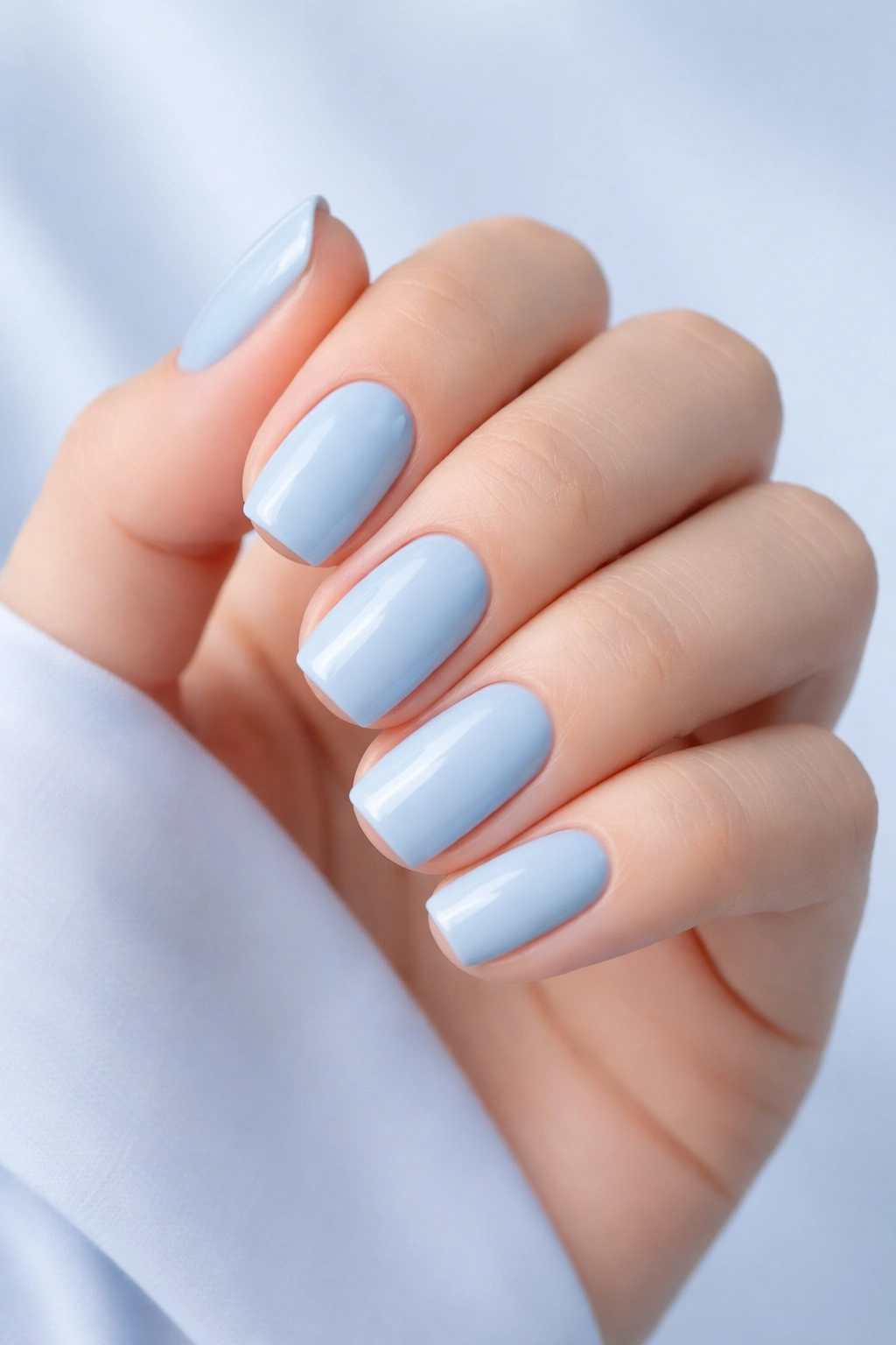 Close-up of hand nails in pale powder blue polish