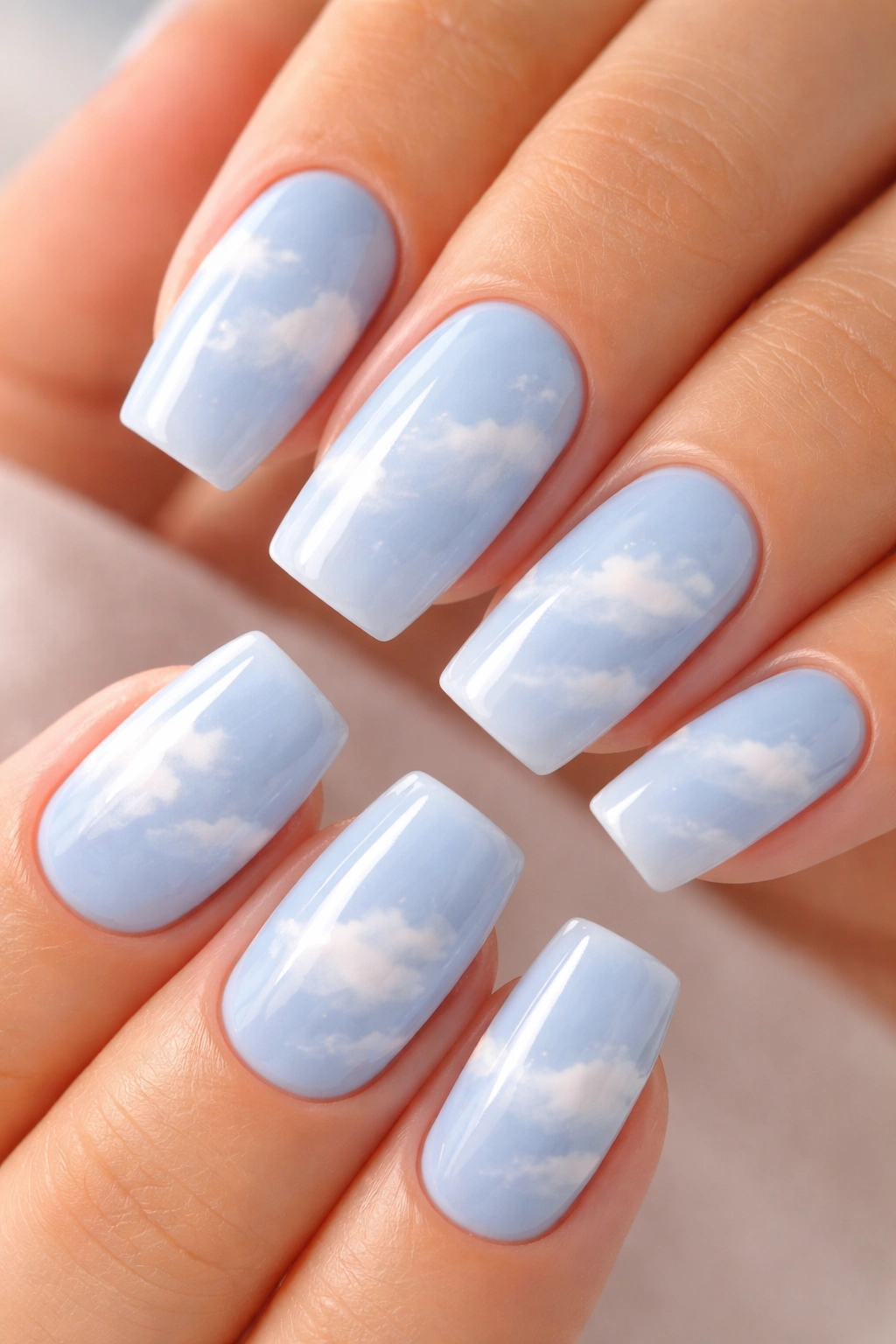 Close-up powder blue nails with wispy white cloud patterns