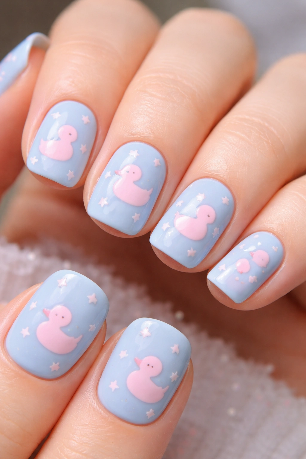Powder blue nails with pink duck silhouettes and tiny stars.
