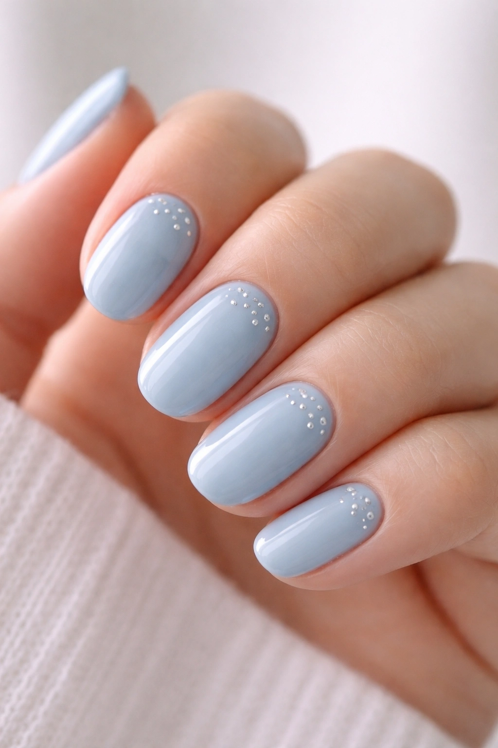 Close-up of powder-blue short oval nails with tiny silver star accents on a neutral background