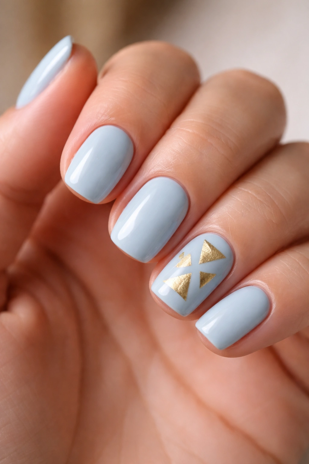 Close-up of powder blue nails with a single accent nail featuring three bold gold triangles.