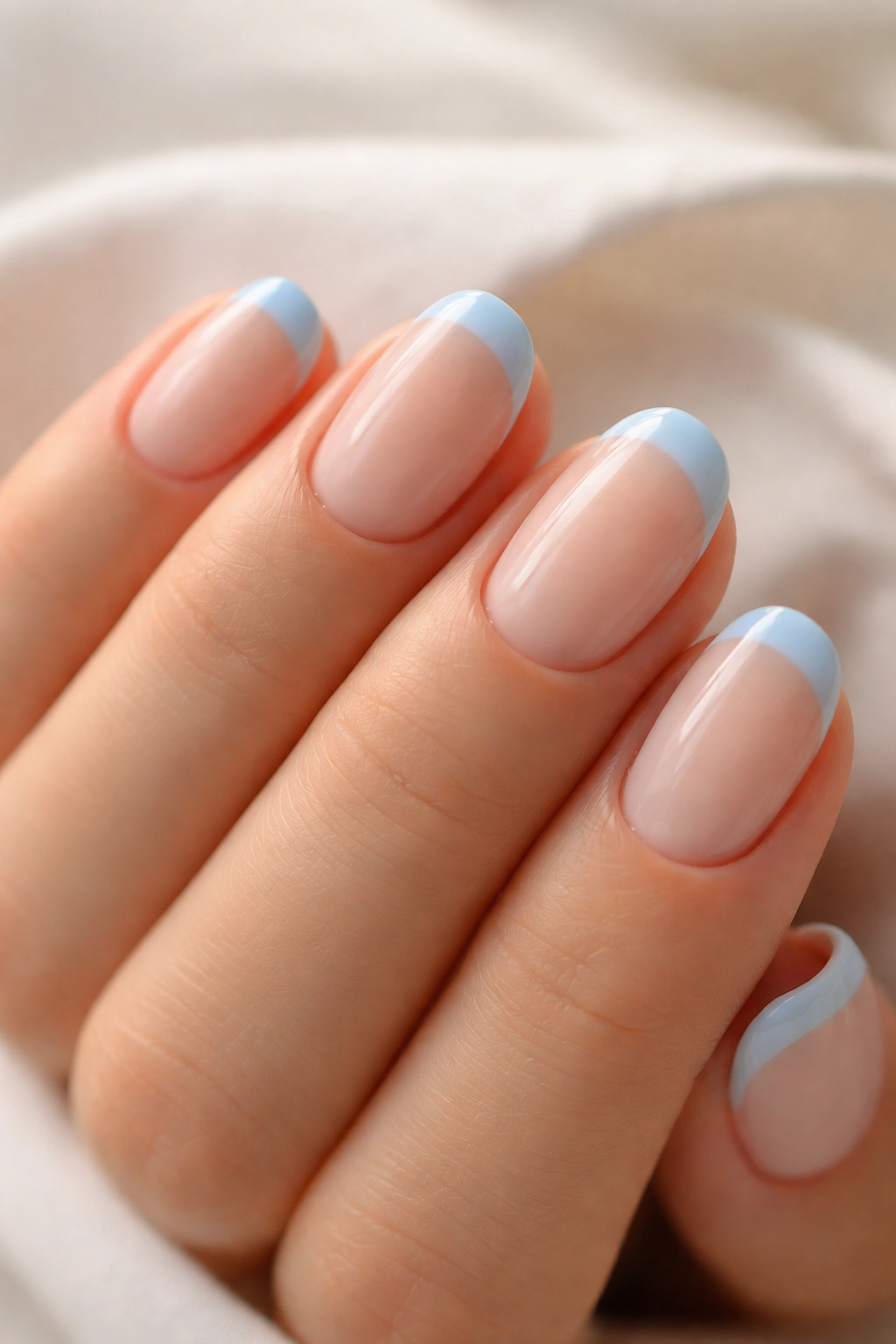 Close-up of short oval nails with sheer pink base and powder blue tips