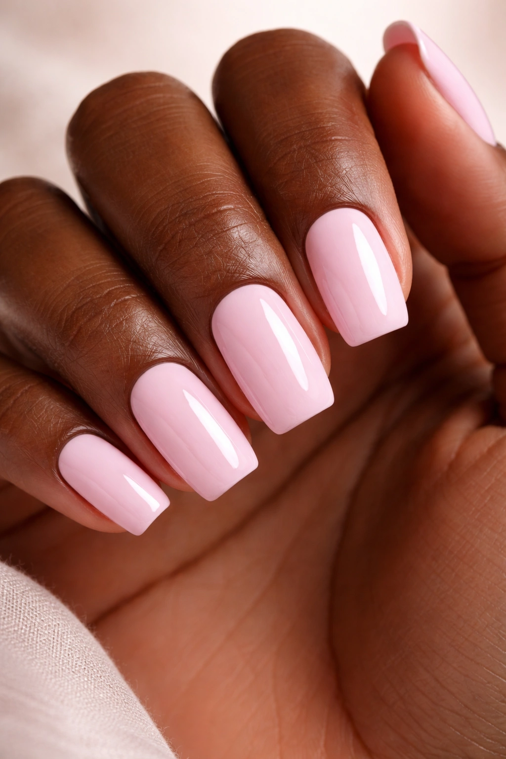 Close-up of dark-skinned hand with powder pink nails