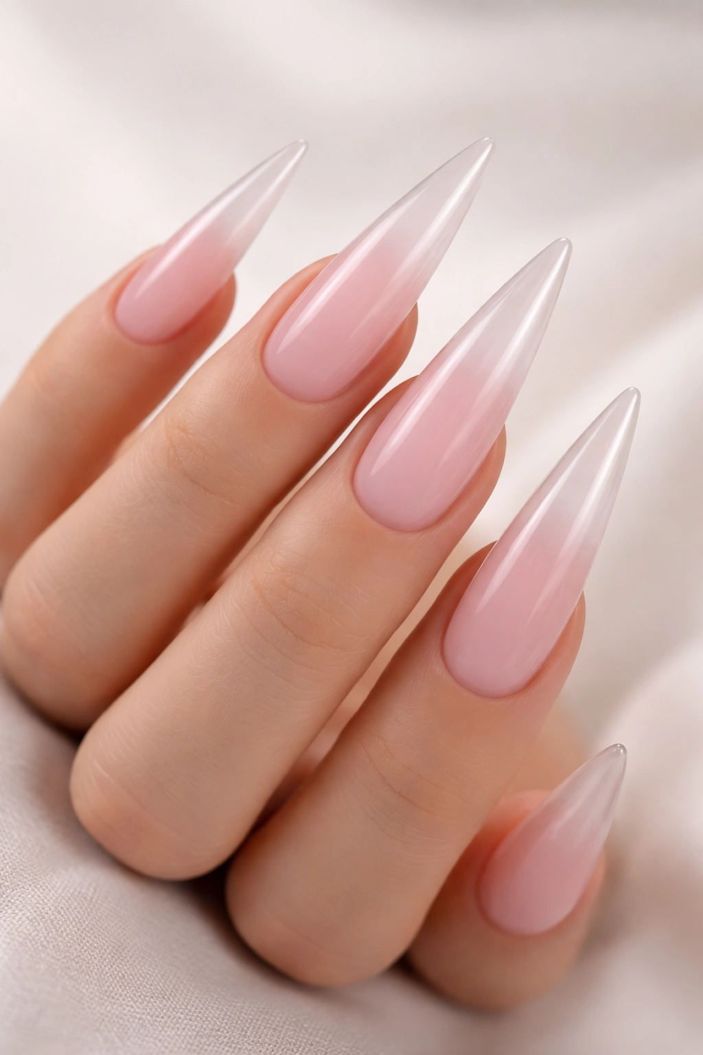 Close-up of stiletto nails with powder pink to clear ombre and translucent tips