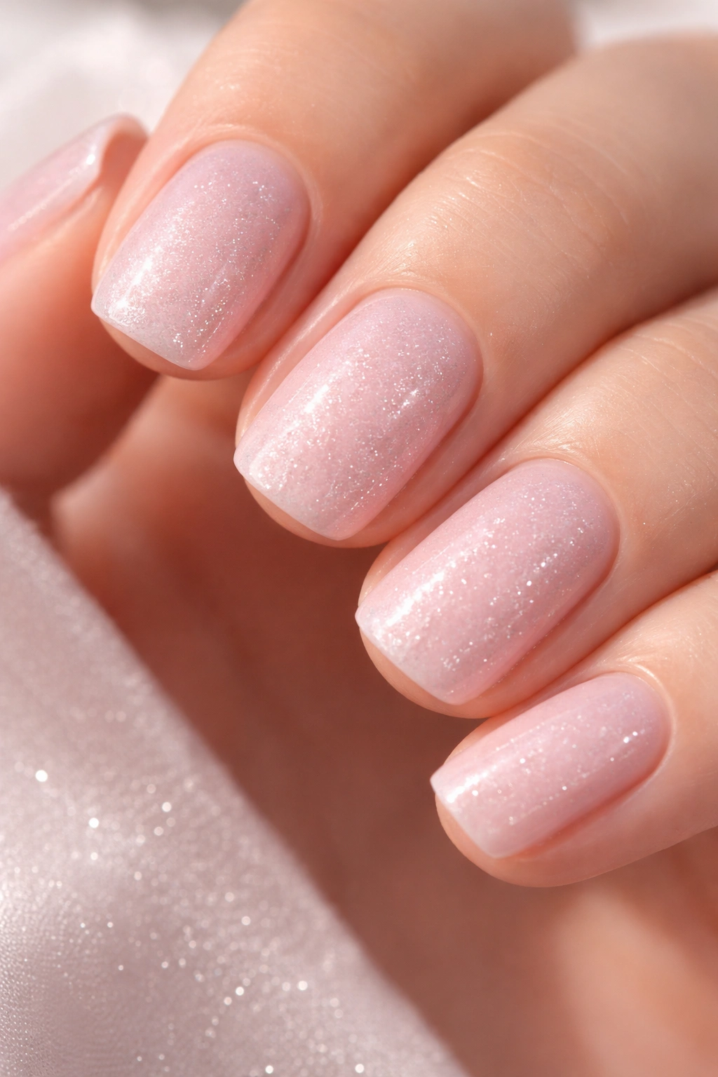 Close-up of powder pink nails with fine silver dust shimmer.