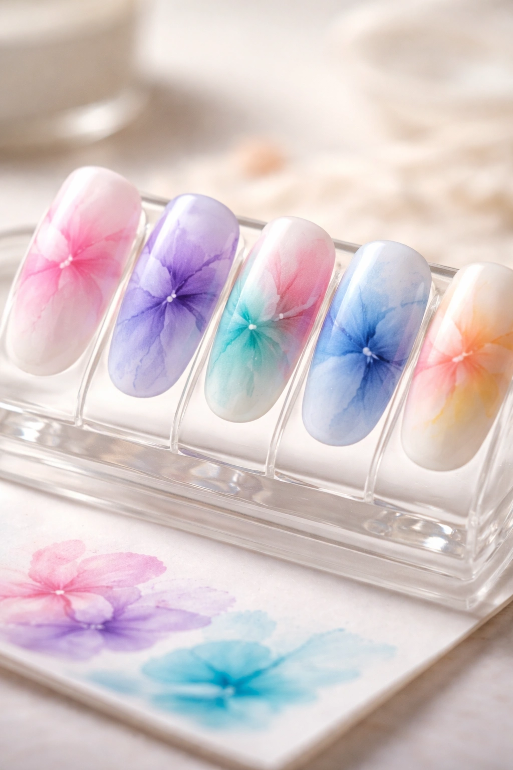 Practice nails displaying two-color blooming gel designs for confidence building