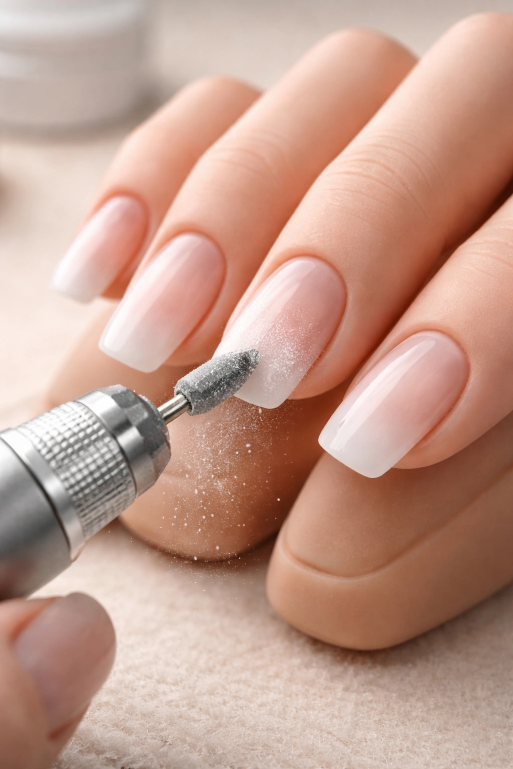 Close-up of practice hand with fake nail tips and nail drill simulating shaping for beginners