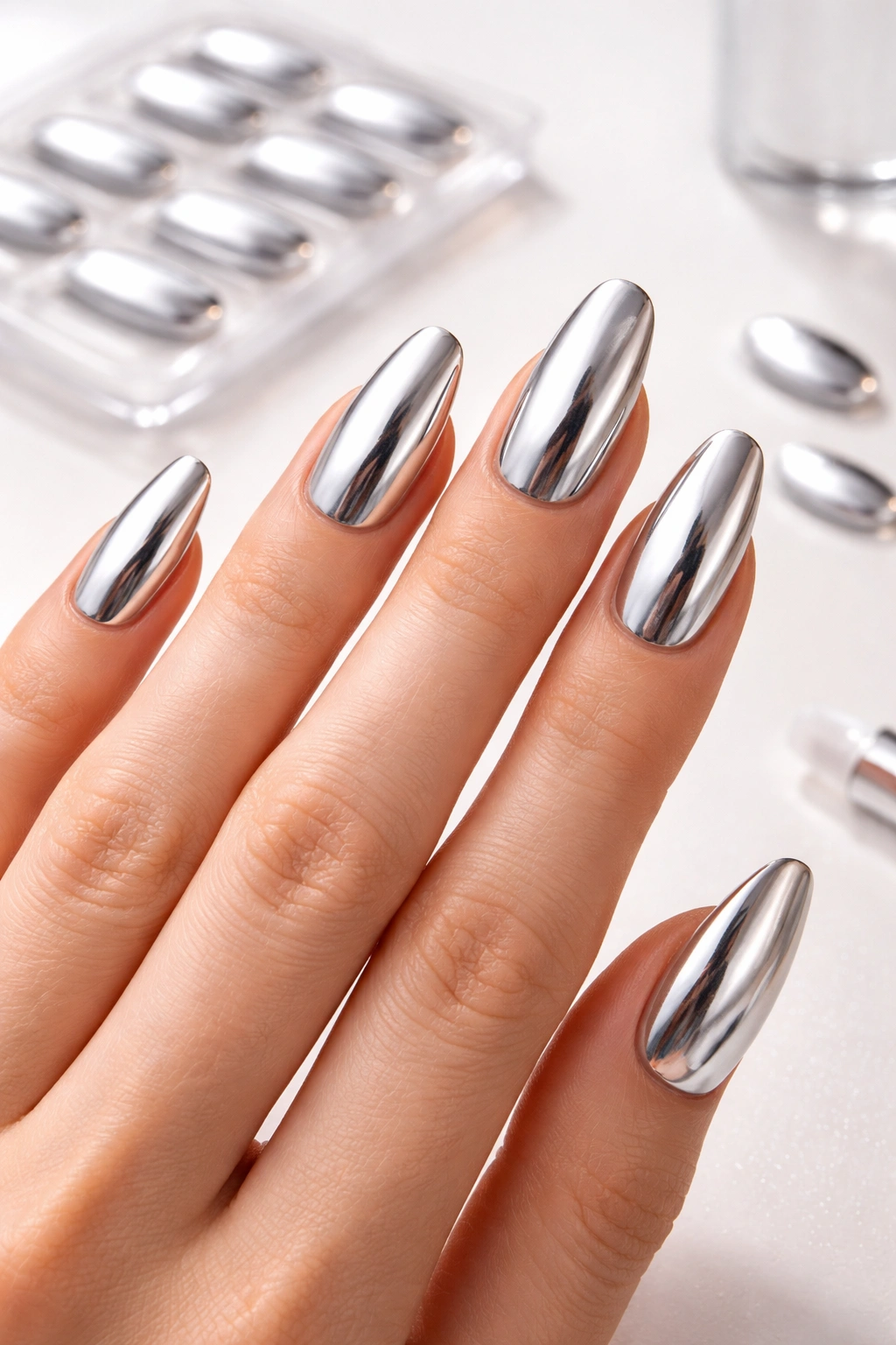 Hand with chrome press-on nails in a clean setting