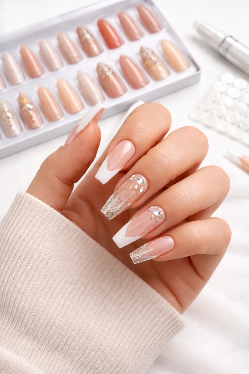 Close-up of coffin-shaped press-on nails on a hand.