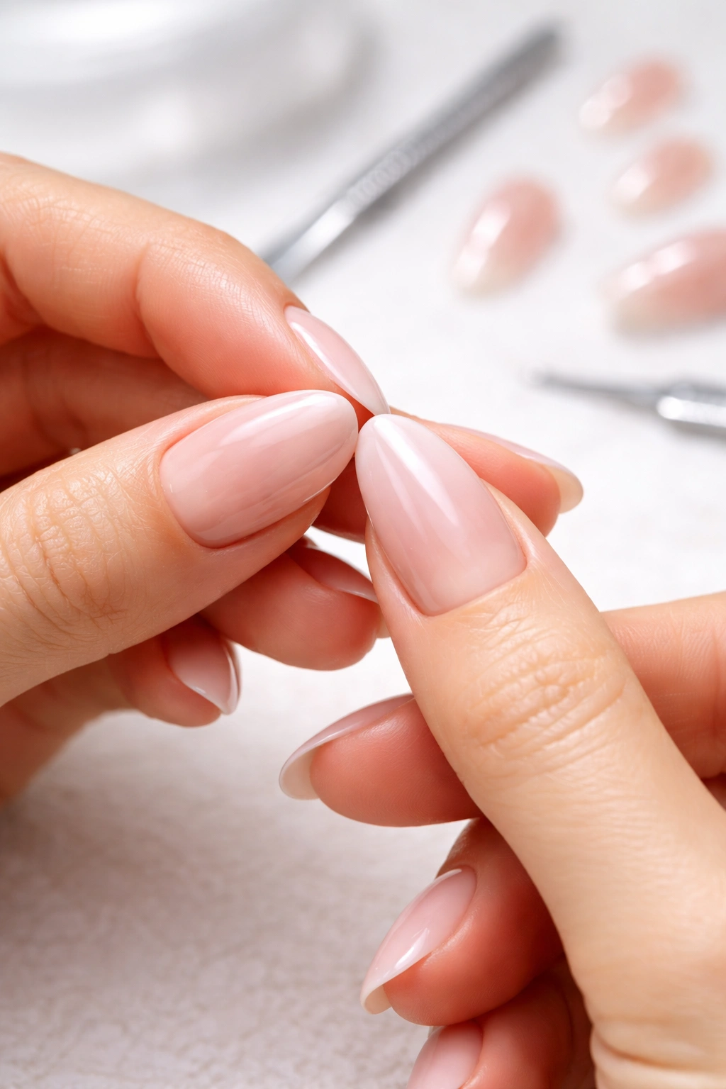Close-up of hands applying press-on nails with precise alignment
