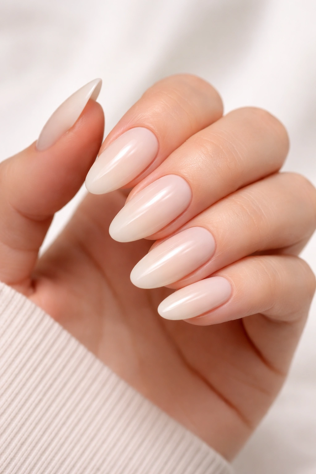 Hand displaying glossy press-on nails in a cream shade.