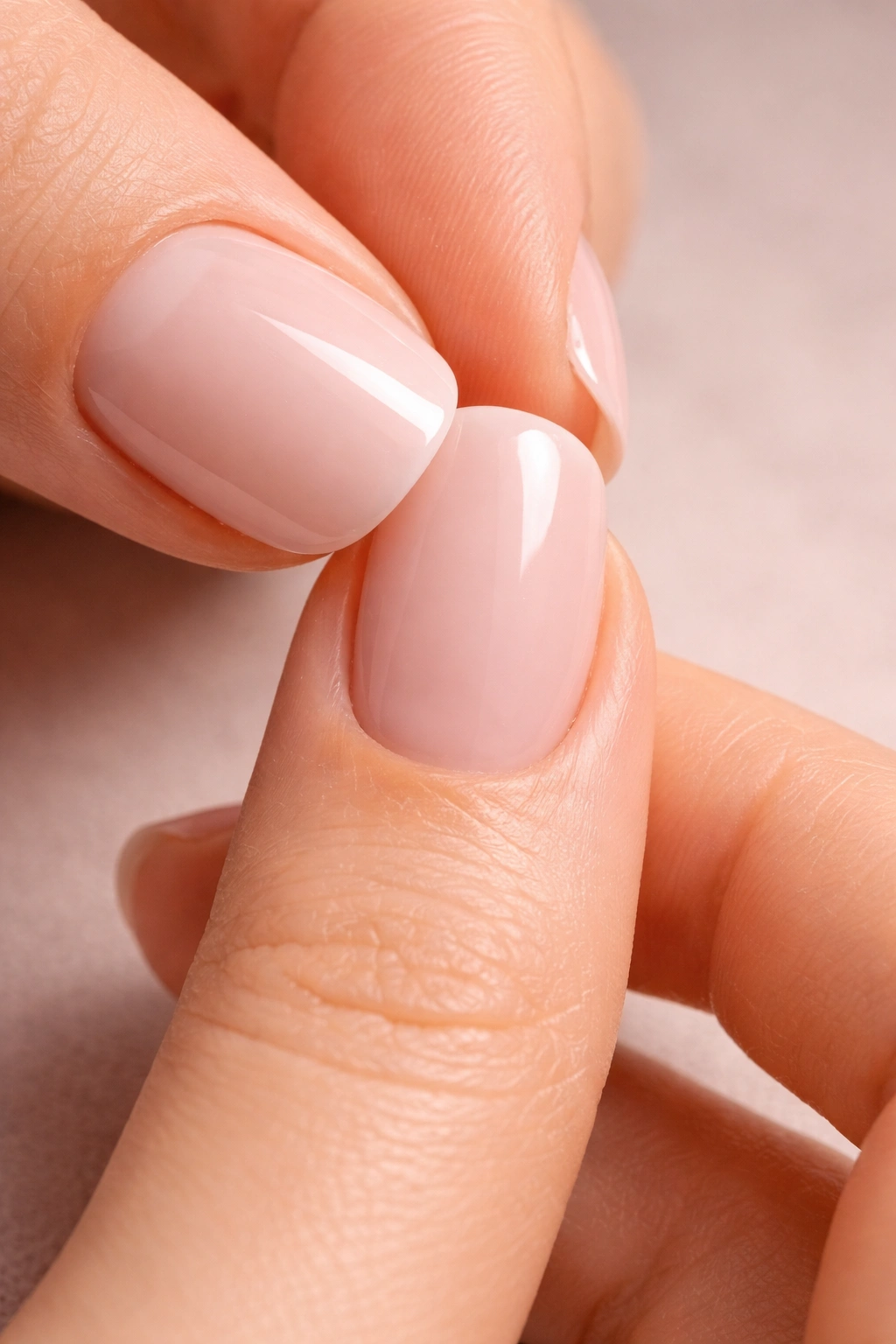 Close-up of a hand with a short squoval press-on nail aligned for application on a neutral background.