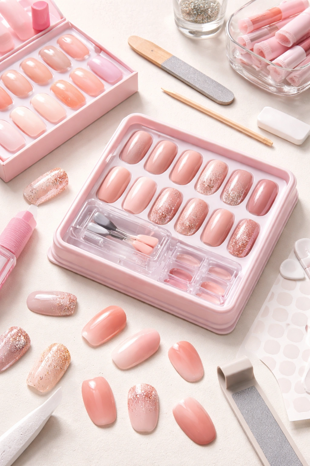 Curated set of press-on nails on a light background