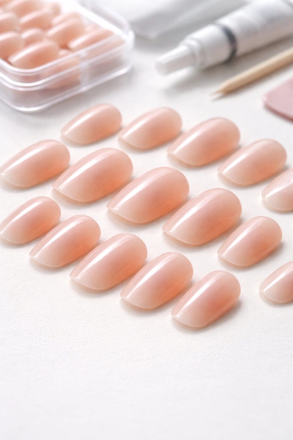 Close-up of natural-looking press-on nails arranged on a light surface