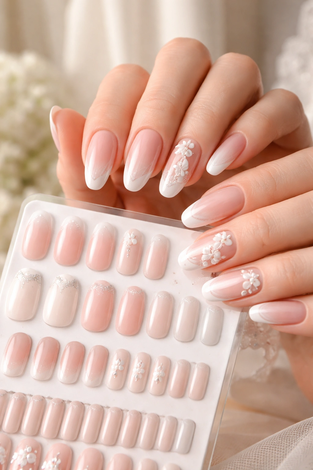 Close-up of hands showing customized press-on nails in varied shapes and sizes