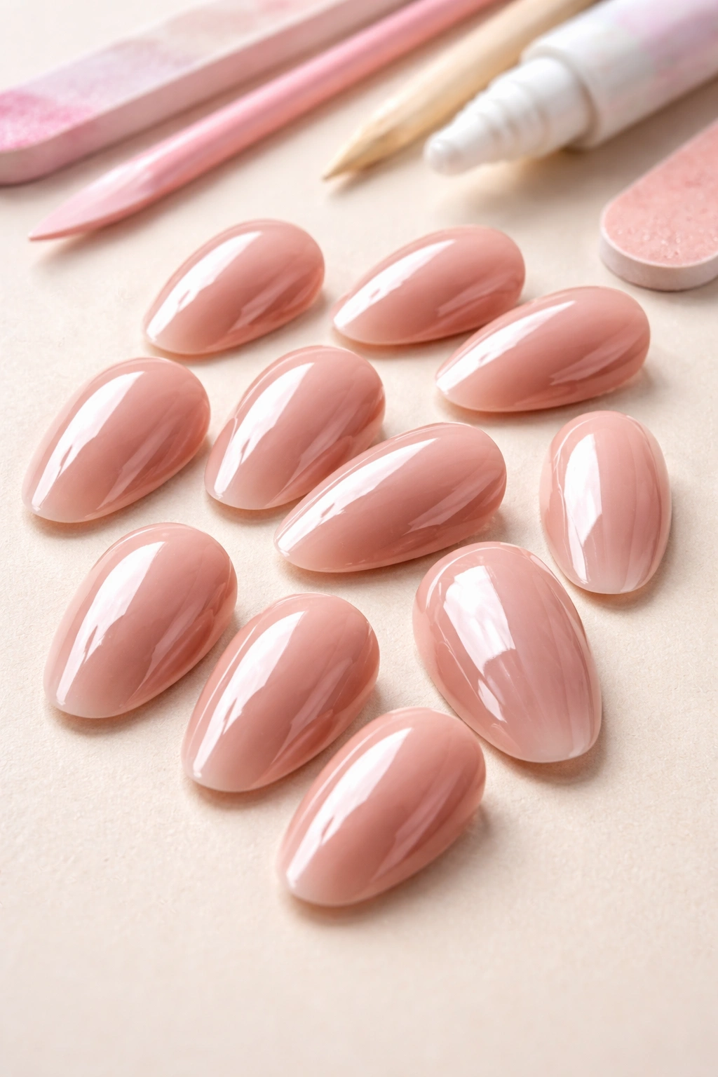 Glossy durable press-on nails arranged on a neutral surface.