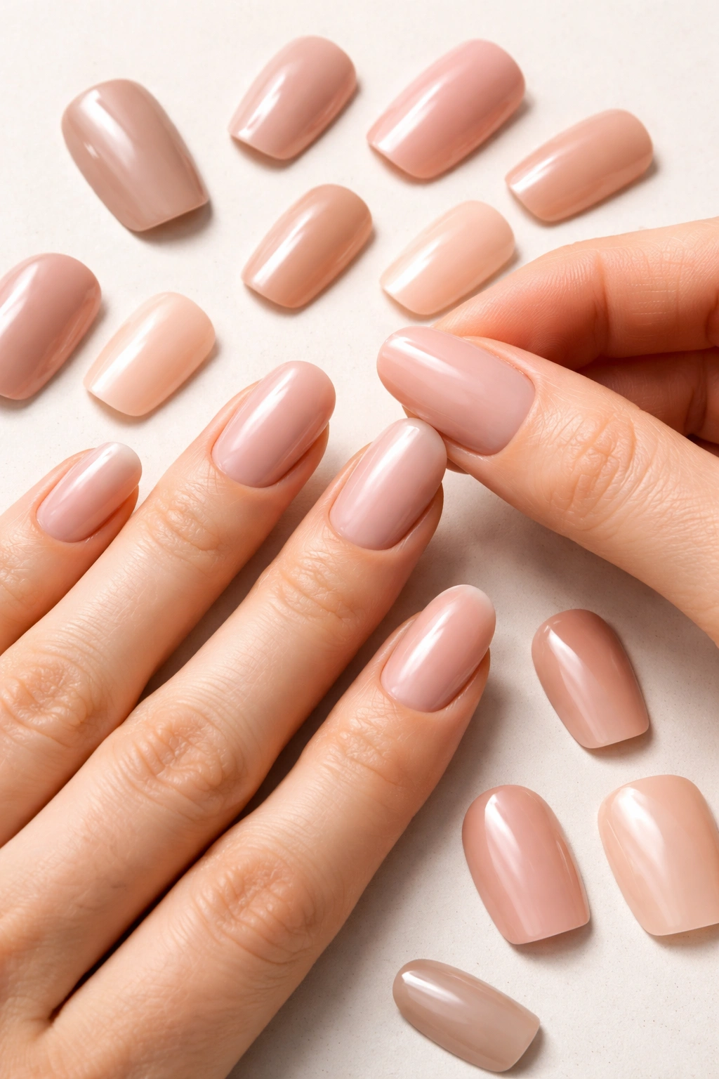 Hand and press-on nail tips arranged to show proper fit on natural nails