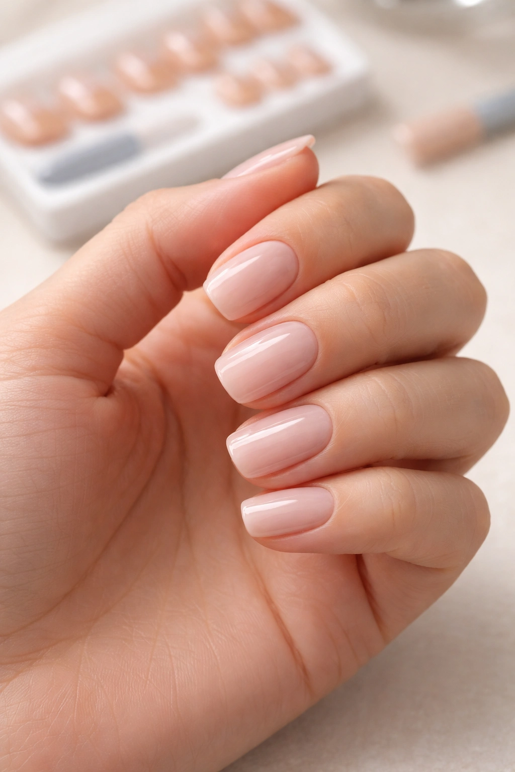 Close-up of a hand with well-fitted press-on nails aligning to the natural nail bed.