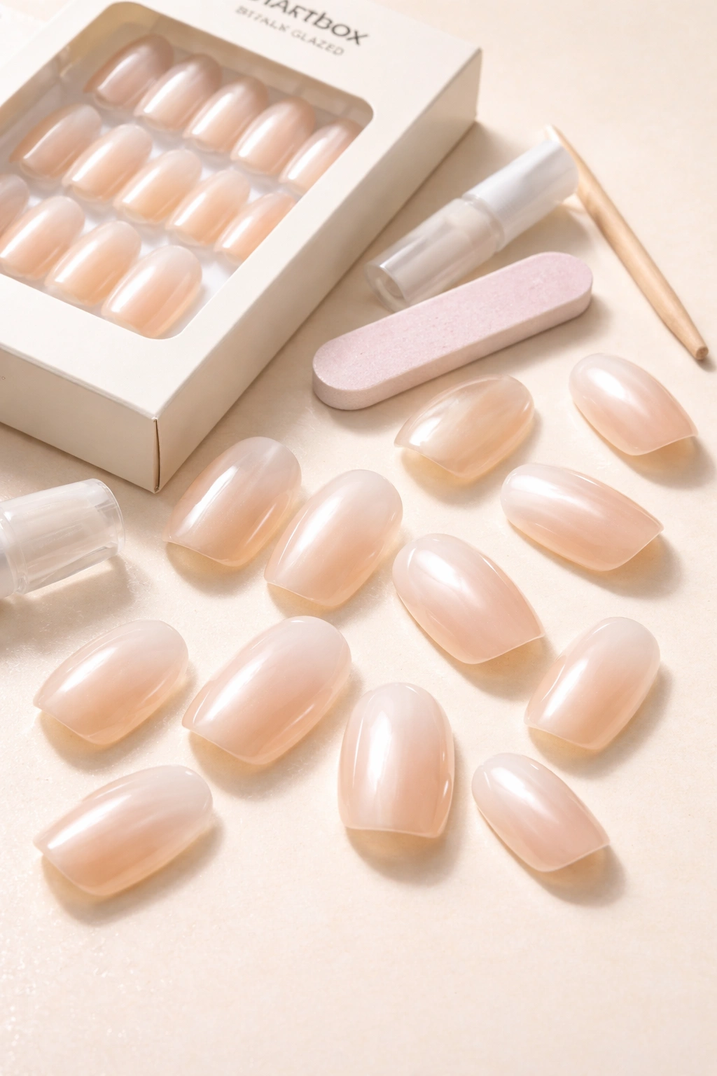 Set of glossy press-on nails with a natural finish on a neutral background