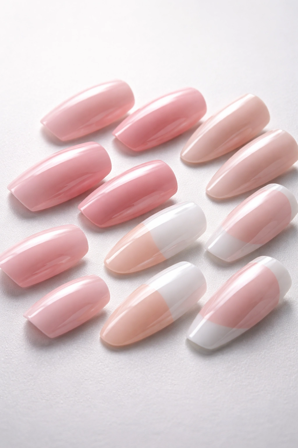 Close-up of glossy press-on nails in varied shapes on a light surface