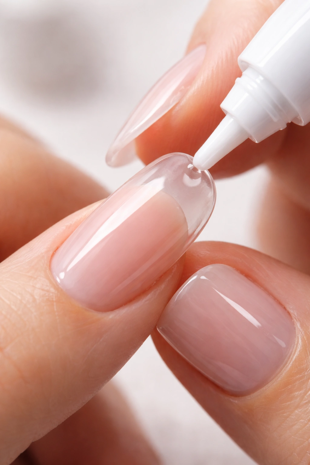 Close-up of hand applying a glossy press-on nail with glue on a neutral background