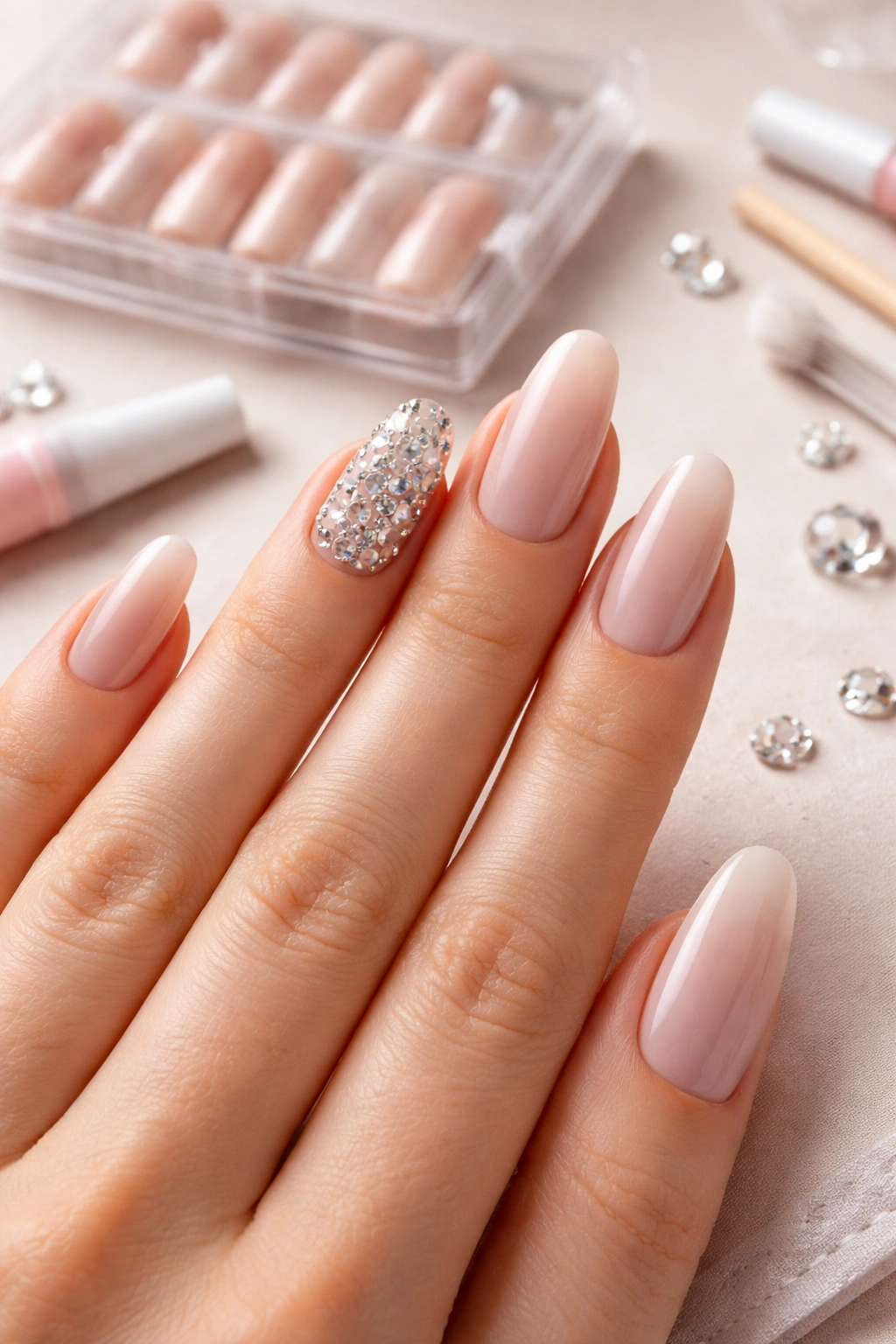 Close-up of a hand displaying glossy press-on nails in a natural skin tone with rhinestone accents.